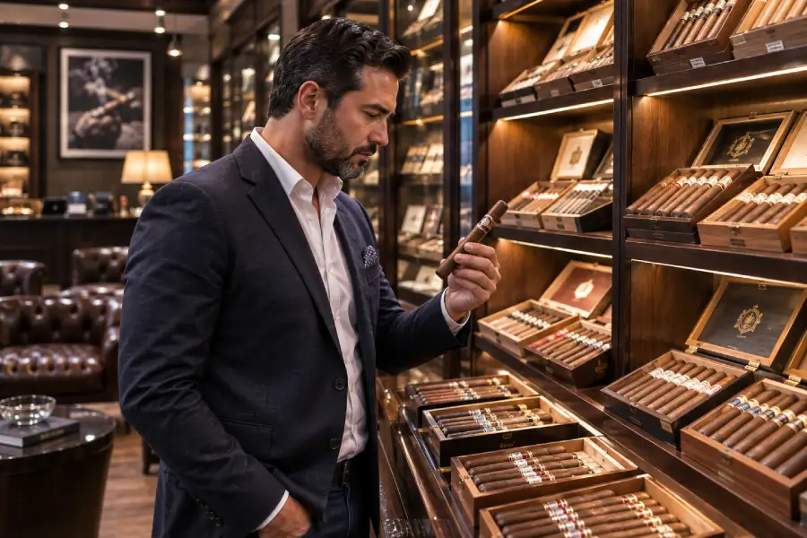 Customer examining a premium cigar at a luxury cigar shop in Dallas