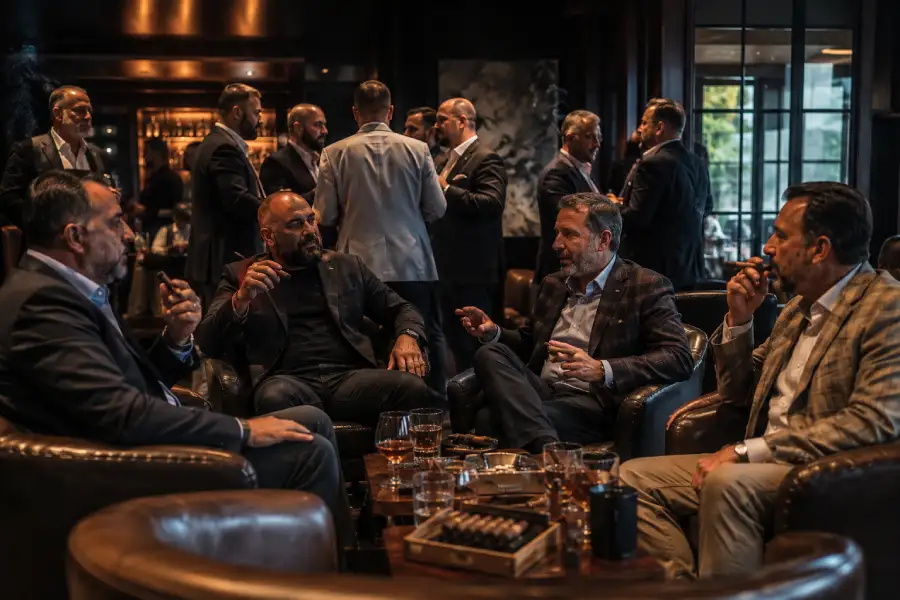 Dallas cigar event featuring guests enjoying premium cigars and drinks together in an upscale cigar lounge