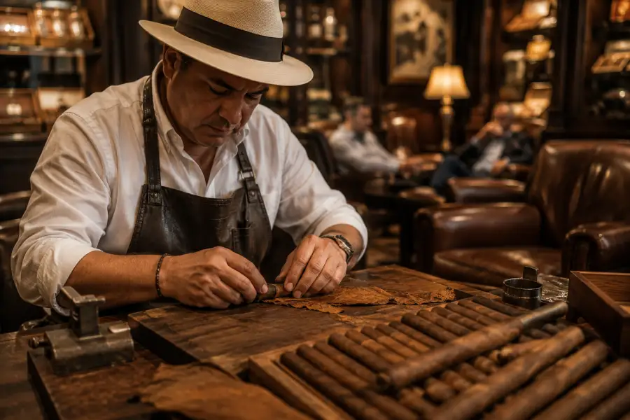 Artisan hand-rolling a premium cigar with tobacco leaves at a Dallas cigar lounge