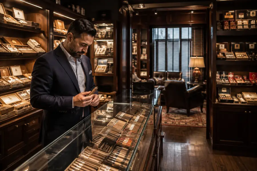 Second photo: Premium cigar shop in Dallas with a customer browsing cigars in a luxury wood-paneled humidor